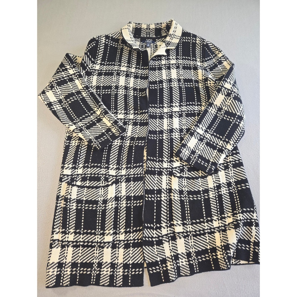 Chaps Cardigan Women XL Black White Plaid Open Front Longline Collared Knit Coat